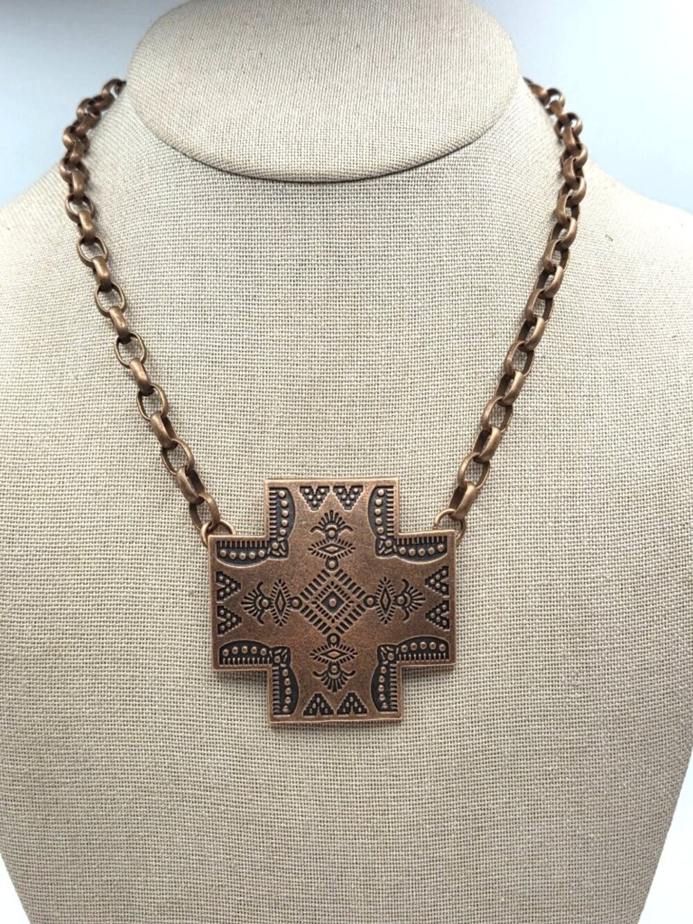 Vintage Copper Cross Pendant Necklace With Etched Tribal Design On Chunky Chain